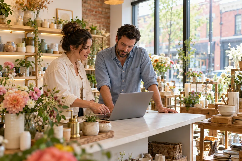 Two people reviewing a laptop together at the counter of an independent flower and homewares shop.