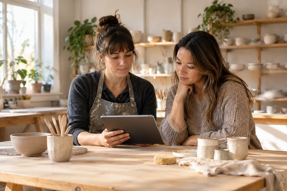 Two people reviewing a tablet together at a pottery studio workbench.