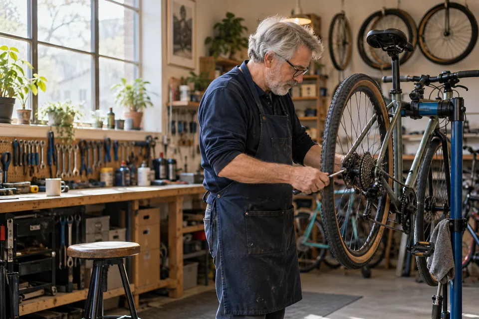 A bicycle mechanic adjusting a bike in a daylit neighbourhood repair workshop.