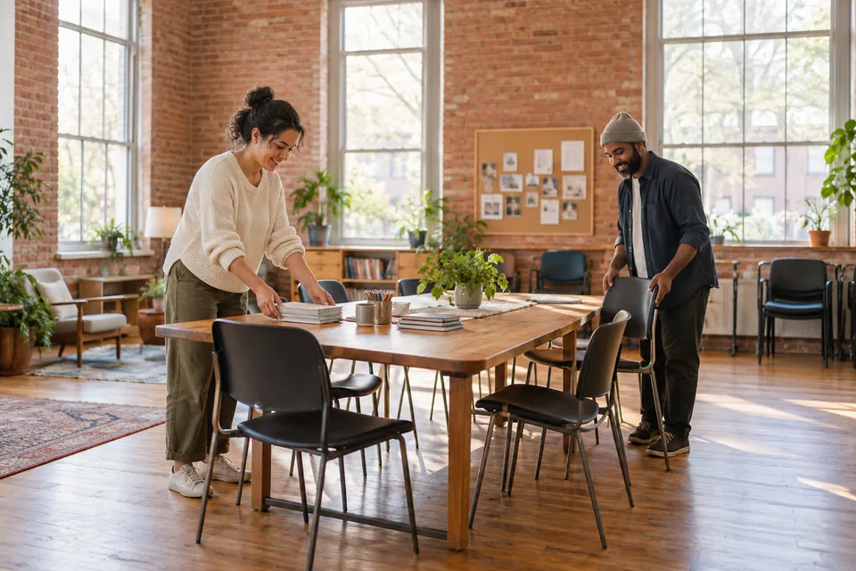 Two volunteers preparing tables and chairs in a welcoming community room.