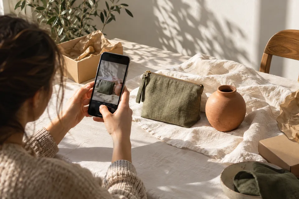 A small-business owner photographing a handmade pouch and a ceramic vessel in window light.
