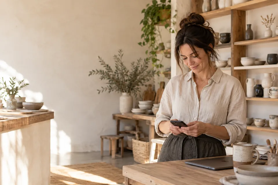 A shop owner checking her phone beside a counter of handmade ceramics.