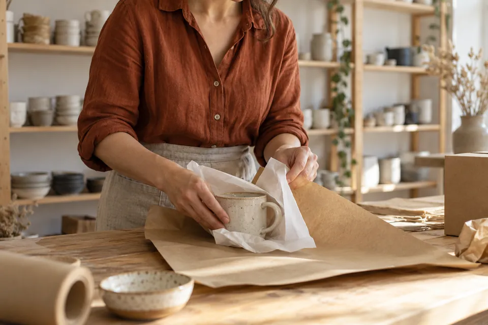 A shop owner wrapping a ceramic mug in paper for an order.