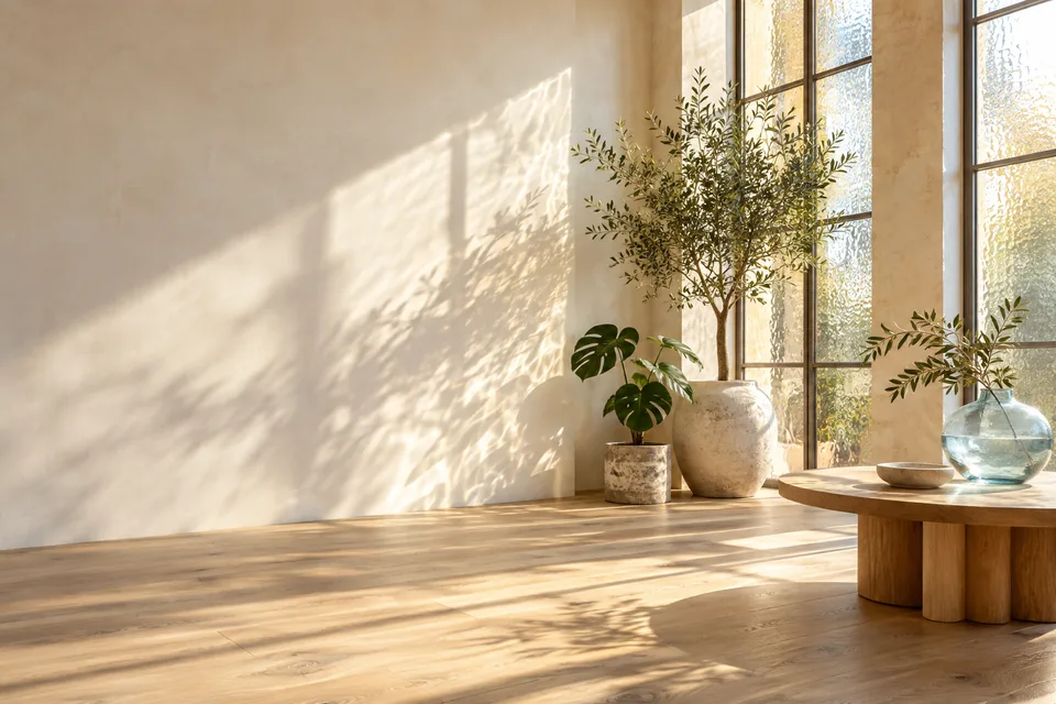 Morning light through textured studio windows, with plants and a pale blue glass vase.