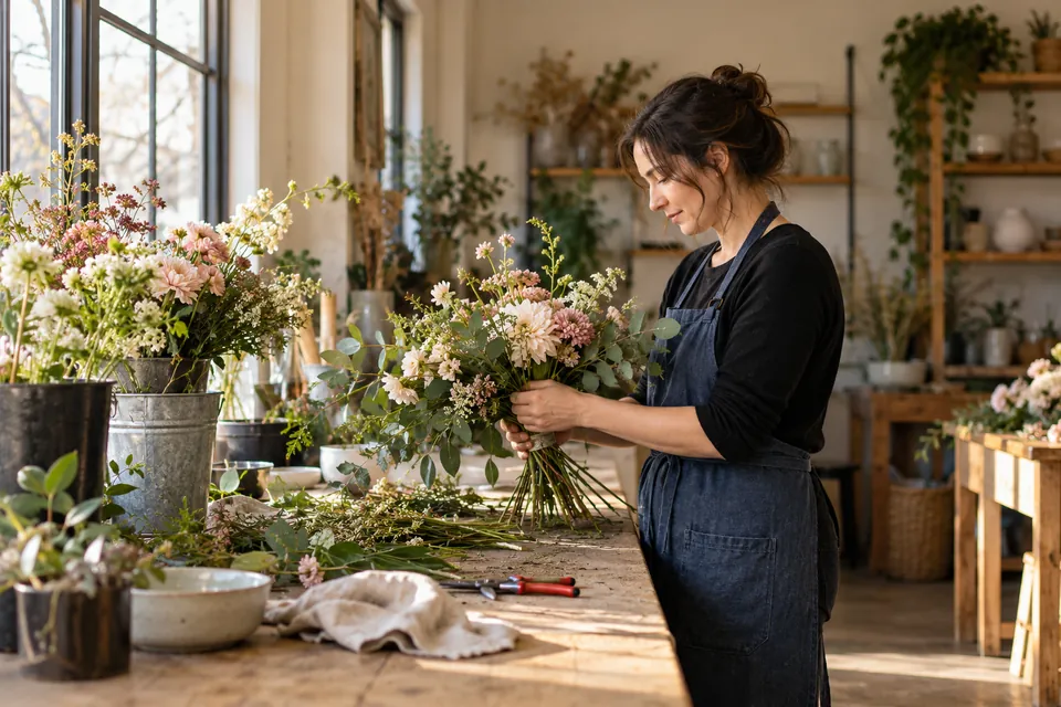 A florist arranging stems and greenery at a wooden workbench.