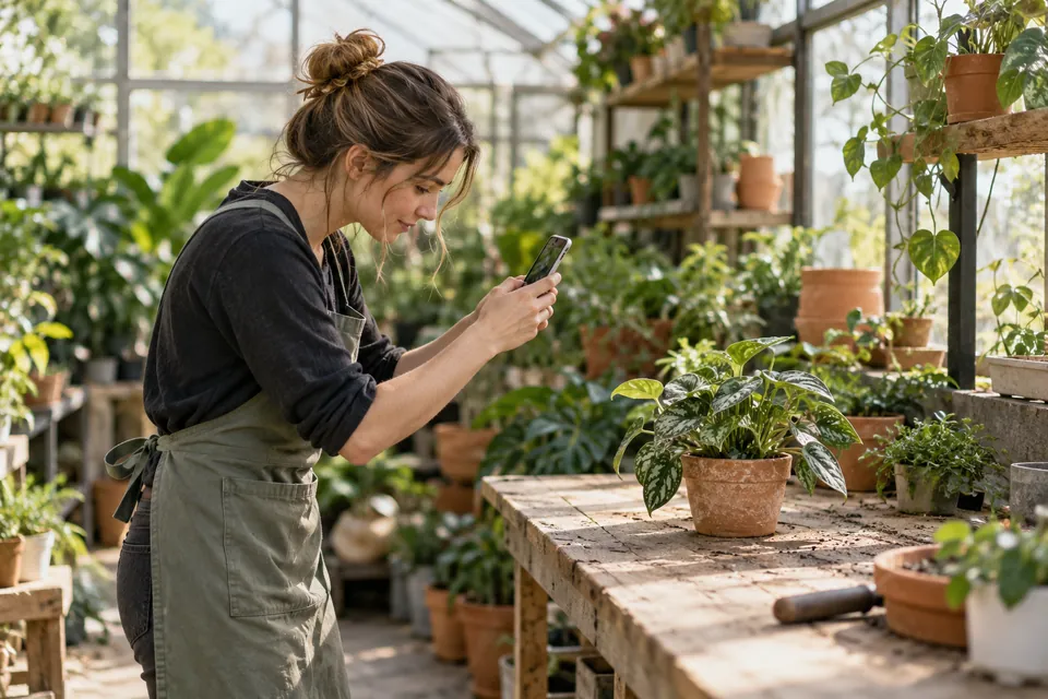 A plant shop owner photographing a potted plant in a bright nursery.