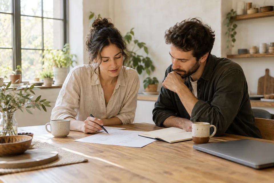 Two people reviewing a simple plan together at a wooden table.