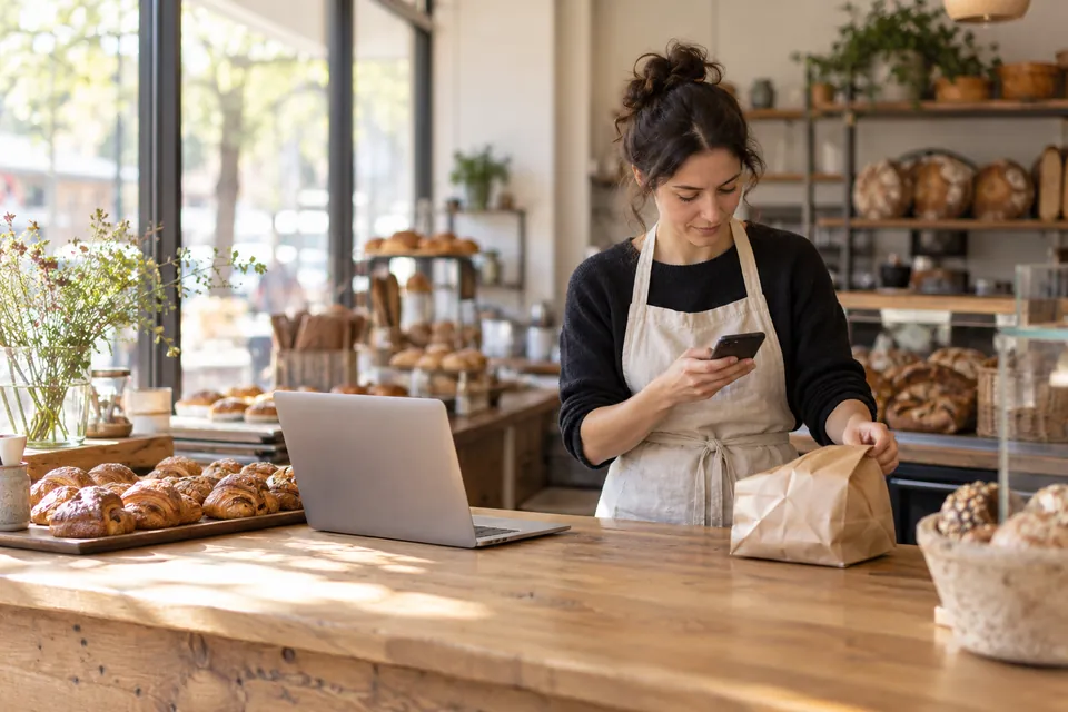 A bakery owner checking an order on her phone while preparing a paper bag at the counter.