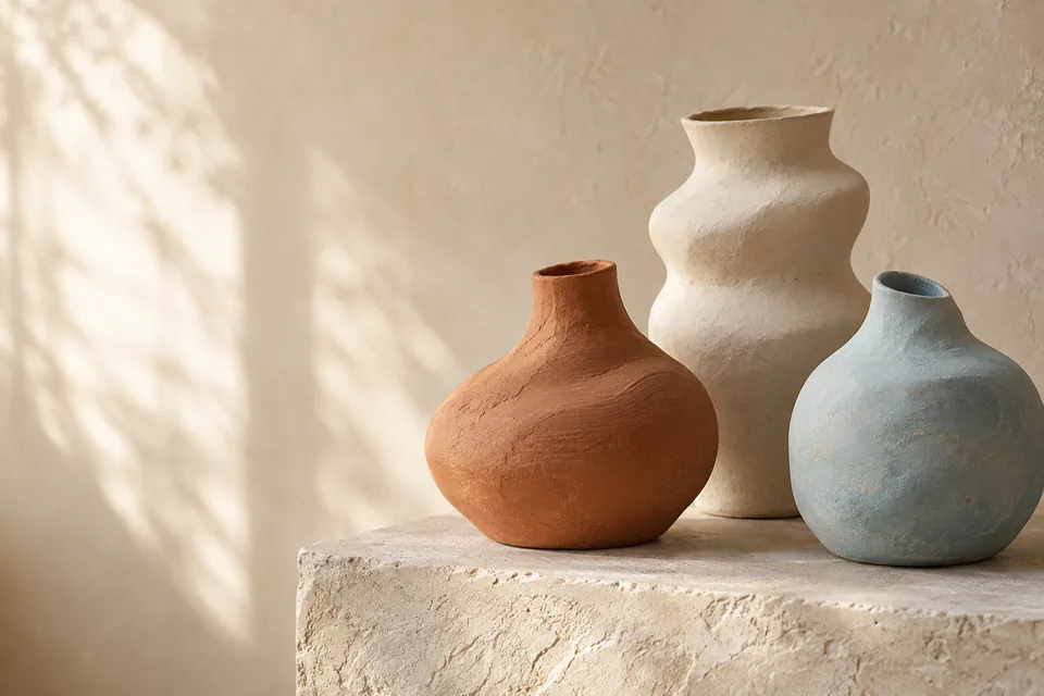 Handmade terracotta, cream and pale blue ceramic vases in warm window light.