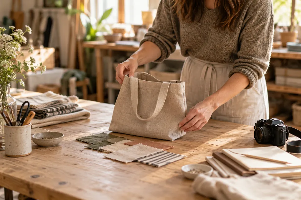A maker arranging a linen bag and fabric swatches for product photography.