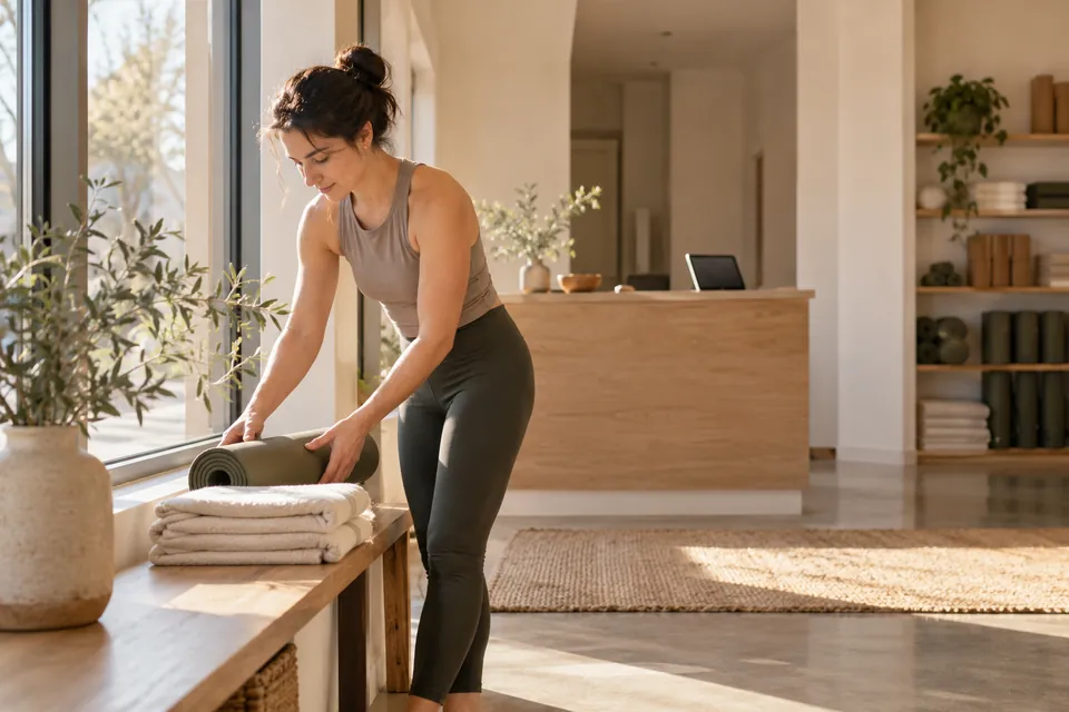 A wellness instructor preparing a mat and towels in a sunlit studio.